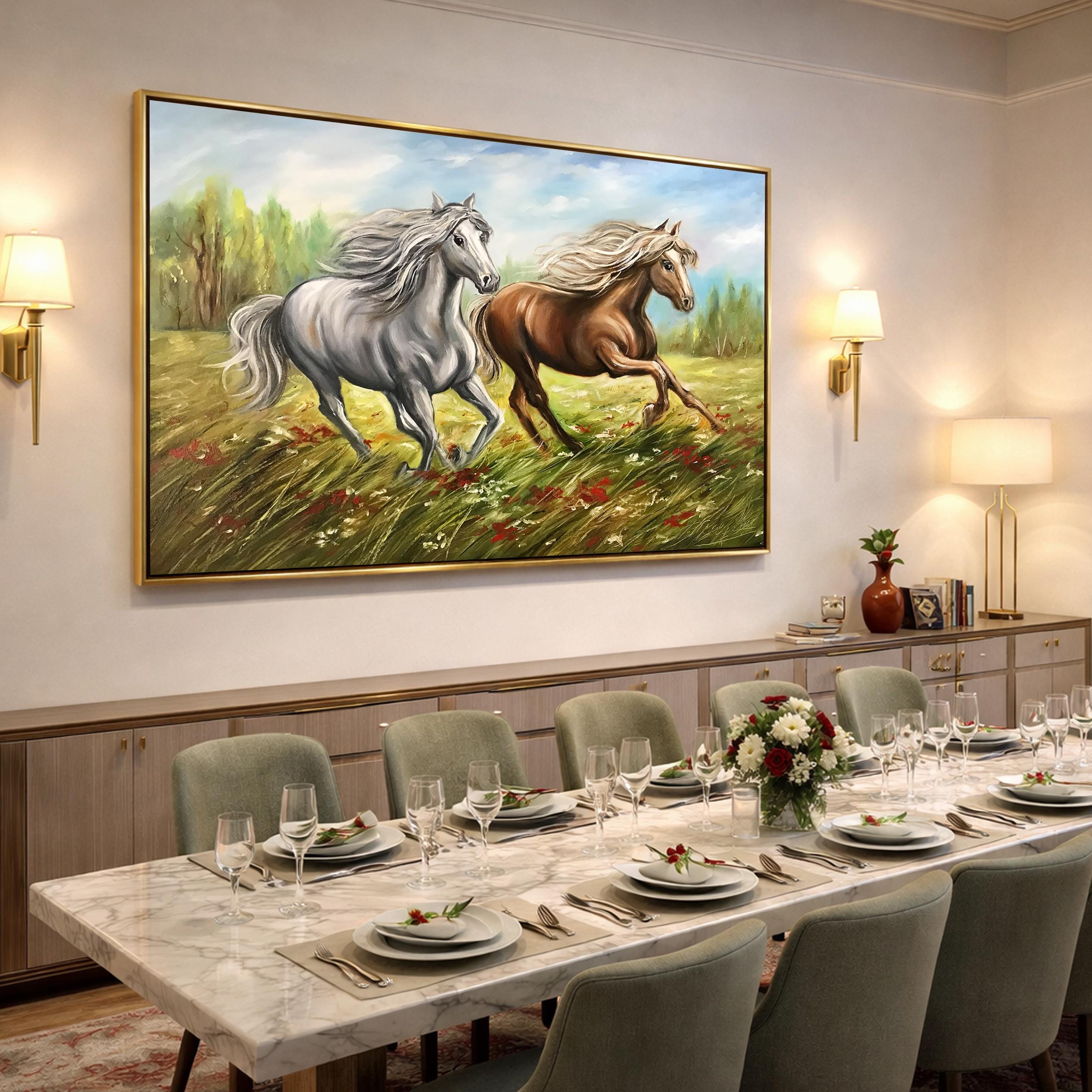 走る馬の絵画 オリジナル野生馬の壁掛けアート キャンバス 動物油絵 馬