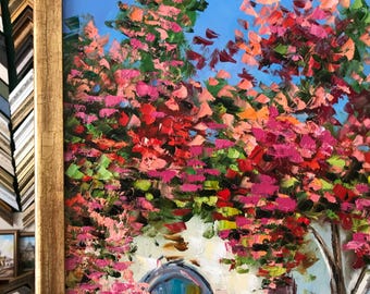 サントリーニ島の絵画 オリジナルの赤いブーゲンビリアの絵画 ゲスト