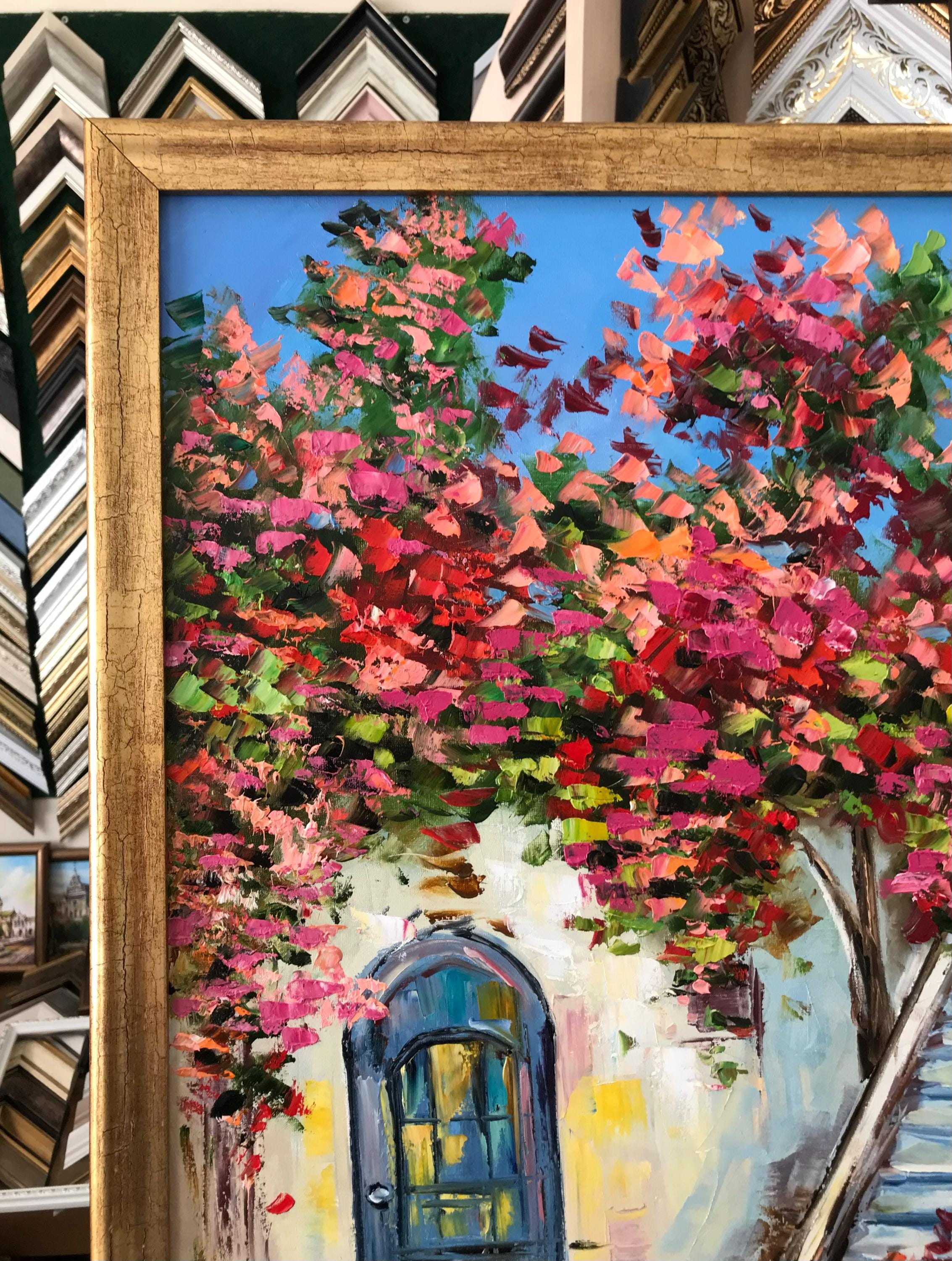 サントリーニ島の絵画 オリジナルの赤いブーゲンビリアの絵画 ゲスト