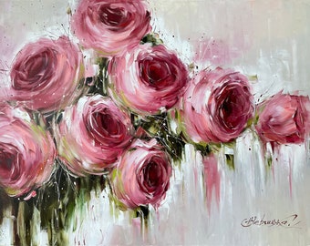 Large Oversized Roses Wall Art Pink Canvas Flowers Oil Painting Luxury Rose Dinning Room Decor Abstract Floral Extra Large Painting 60x40