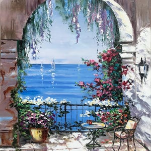 Italian Courtyard Painting Amalfi Coast Painting Positano Wall Art Positano Italy Oil Painting Outdoor Cafe Art Italian Cafe Painting