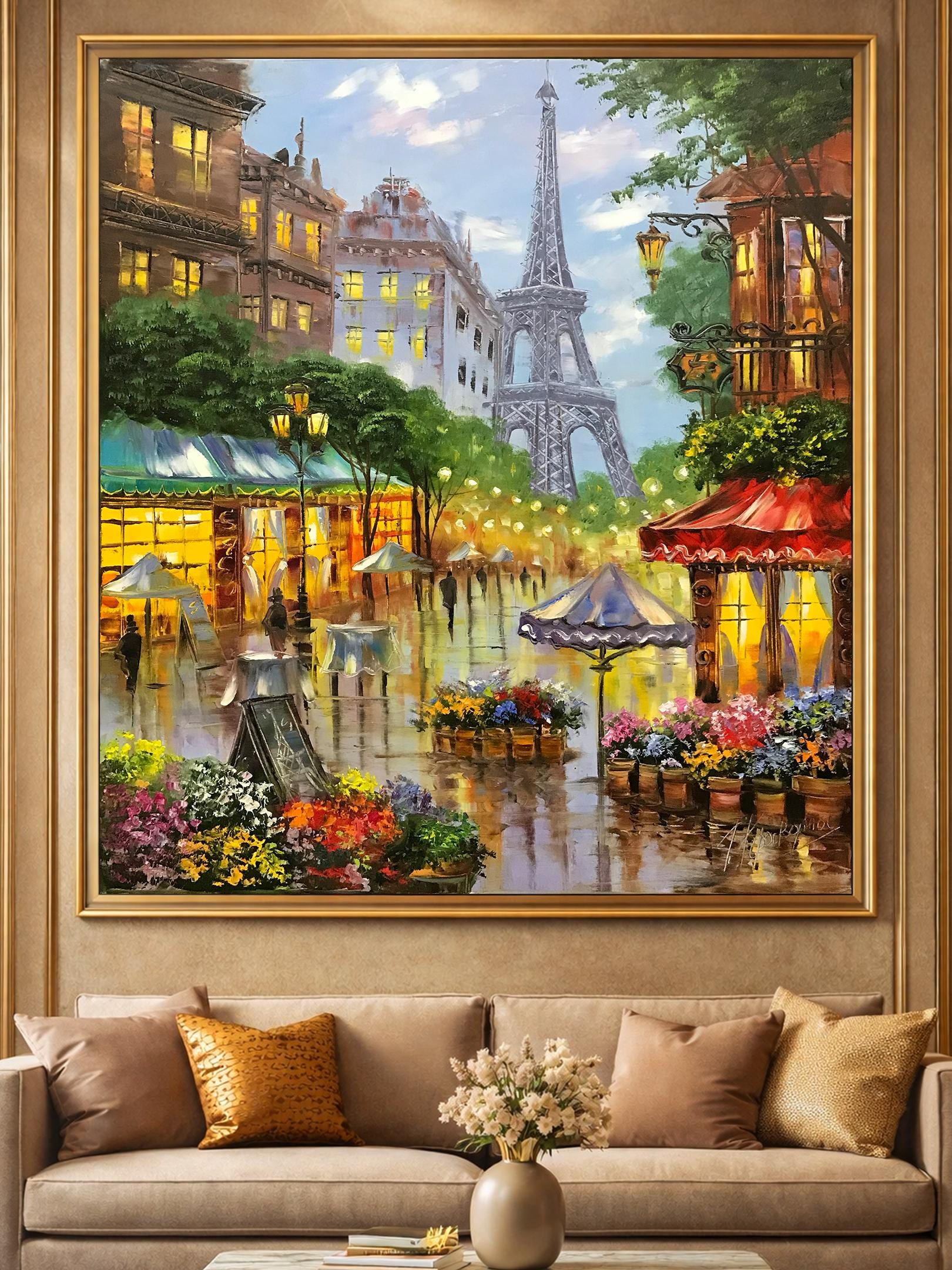 ヴィンテージ装飾的な油彩画 パリの風景 ヴィンテージのフランスの街並みの油絵、花の咲く中庭のアート - Etsy 日本