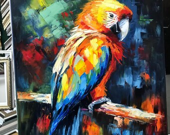 絵画　自然　鳥　小鳥　オウム　緑　絵　熱帯雨林　鳥　雑貨　バード キャンバスに描かれたオウムの絵画 小鳥の油絵 オリジナルのオウムの壁