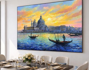 ベネチア運河の油絵、イタリアのオリジナル絵画、ベネチアの壁掛け