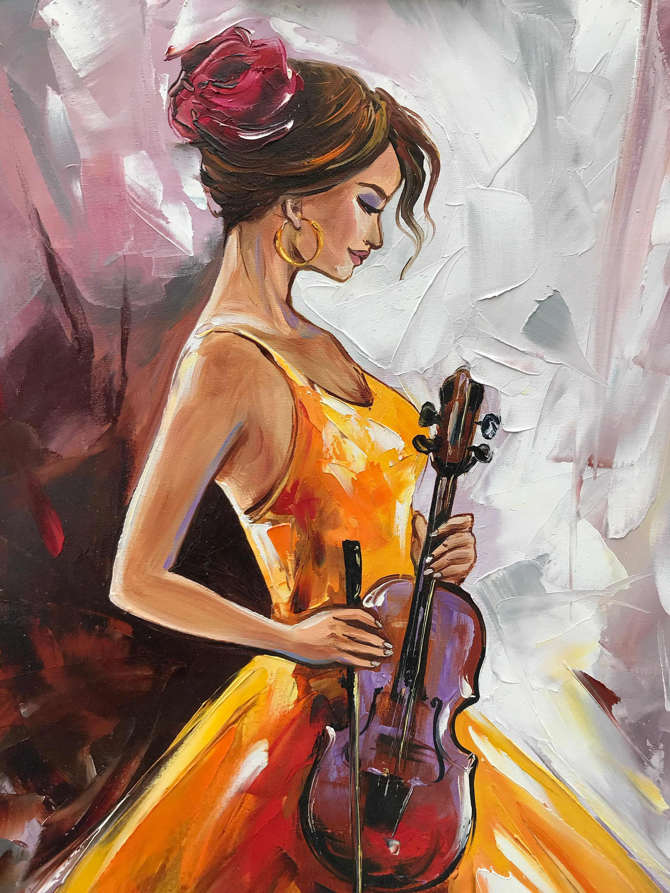 油絵バイオリンを弾く女ベッドルームの装飾絵画 Amazon｜ヴァイオリン印象派スタイルの油絵を再生するキャンバス
