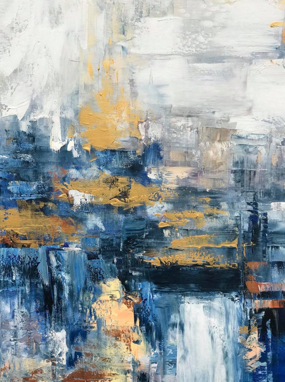 Blue Gold Abstract Painting Large Wall Art Contemporary Art Etsy