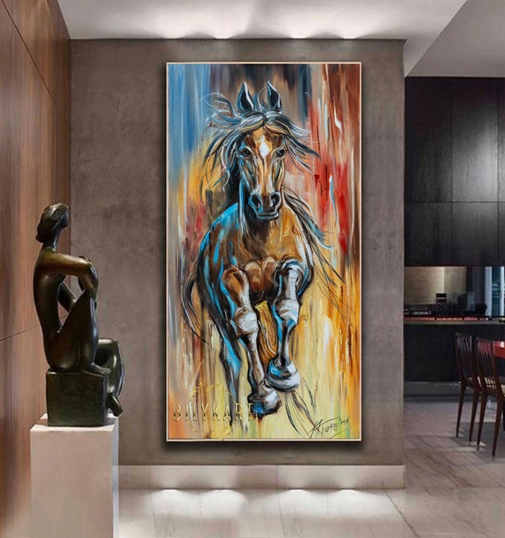 Large Abstract Horse Oil Painting Original Galloping Horse Canvas Wall Art  Western Oil Painting Beautiful Brown Horse Painting Abstract 
