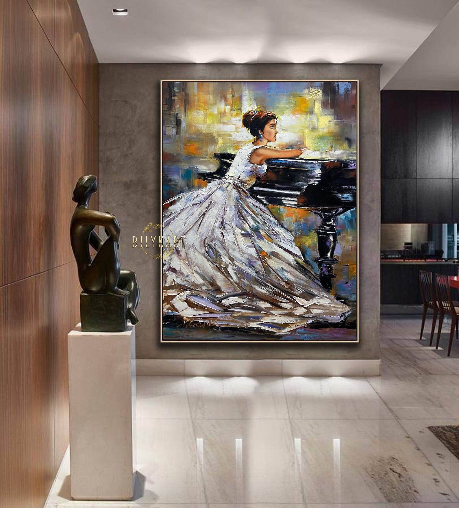 Pianist Painting Girl Grand Piano Wall Art Woman Sitting Art - Etsy