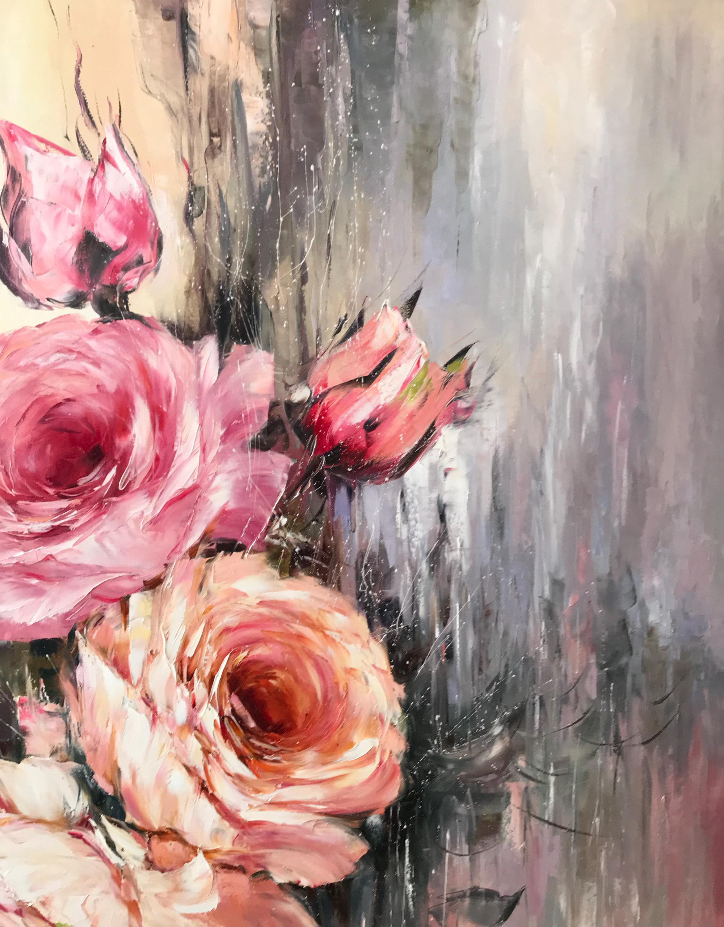 Large Roses Oil Painting, Pink Grey Floral Blossom Art, Abstract Big ...