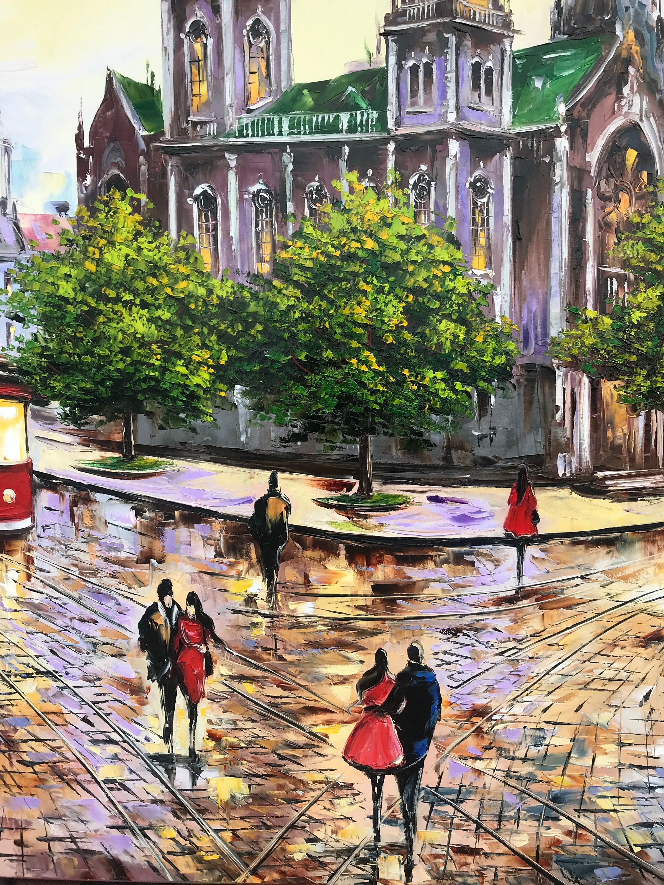 大きな都市風景の油絵、オリジナルのヨーロッパの都市の壁画