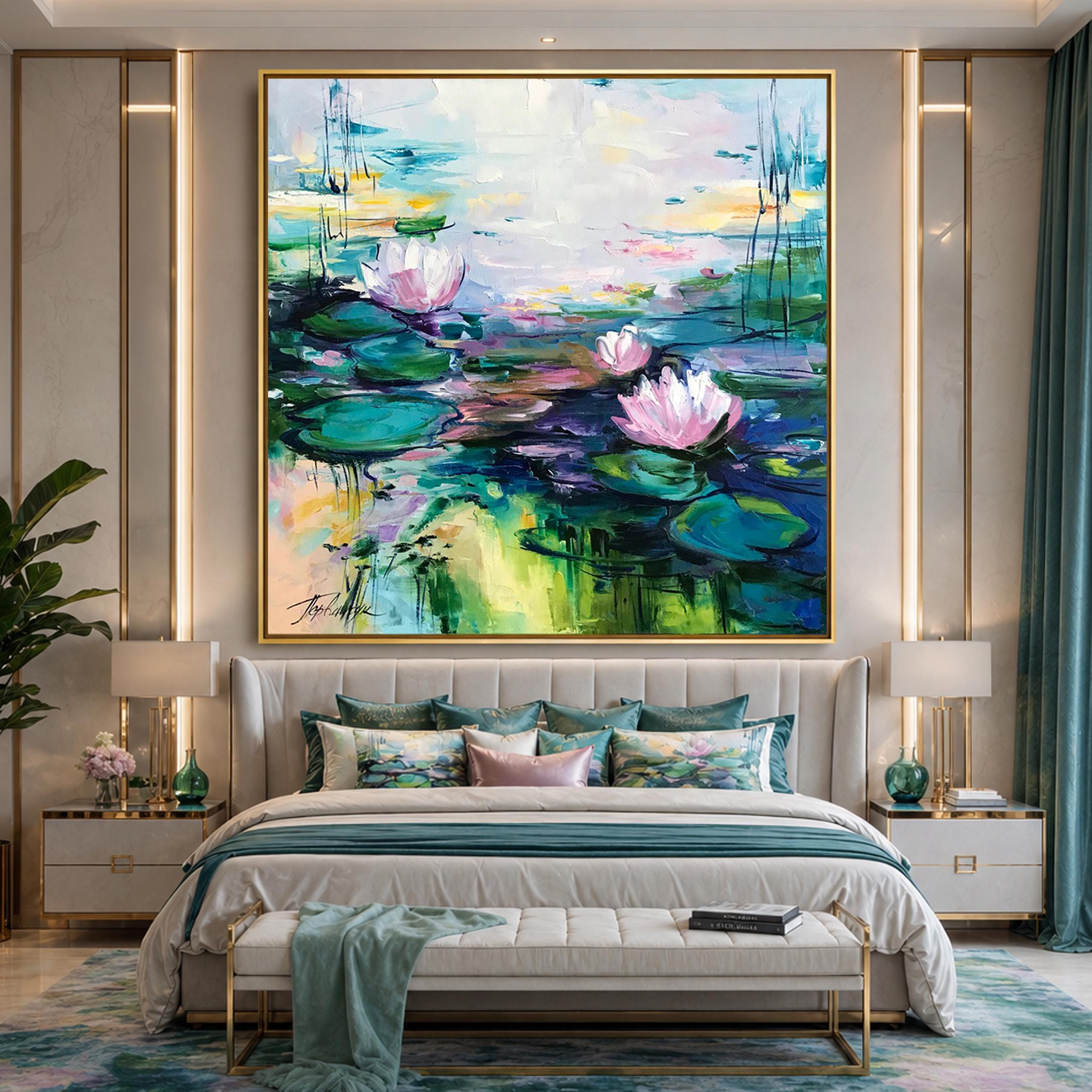 モネの絵画「睡蓮」蓮の花の壁アート、ユリの絵画、24x24インチ