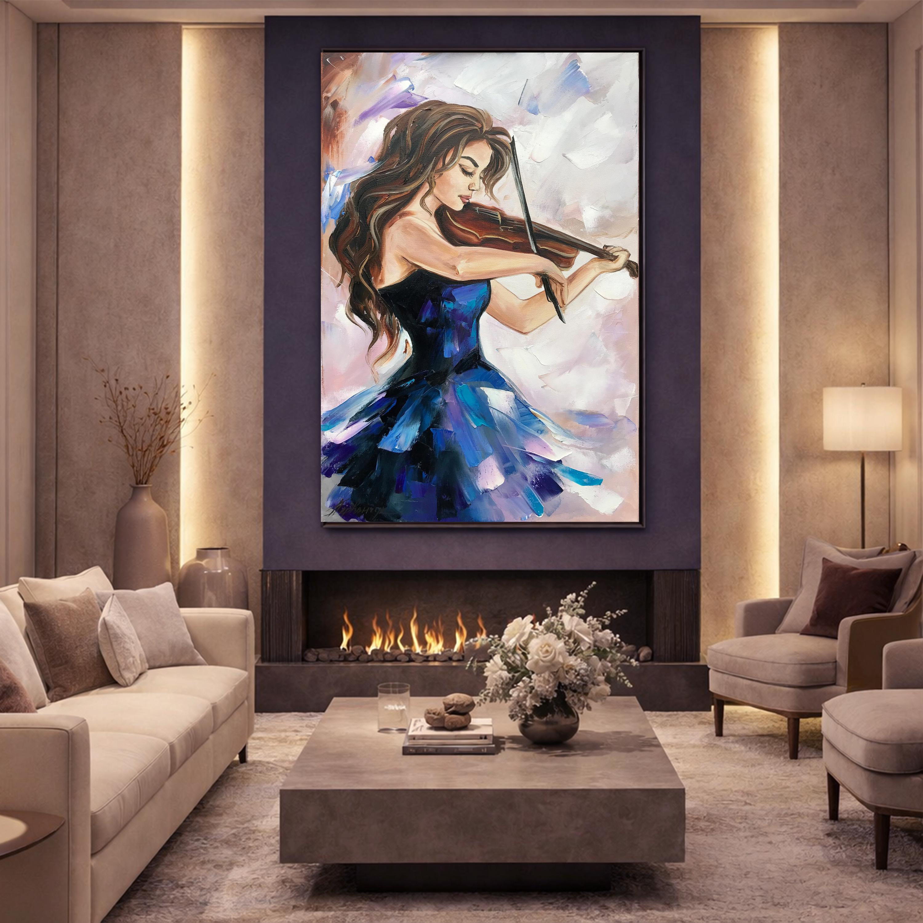 Girl Violinist Oil Painting Original: Abstract Female Musician