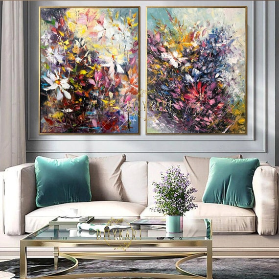 Juego de 2 pinturas grandes en lienzo Decoración floral de la pared Floras  Pinturas hechas a