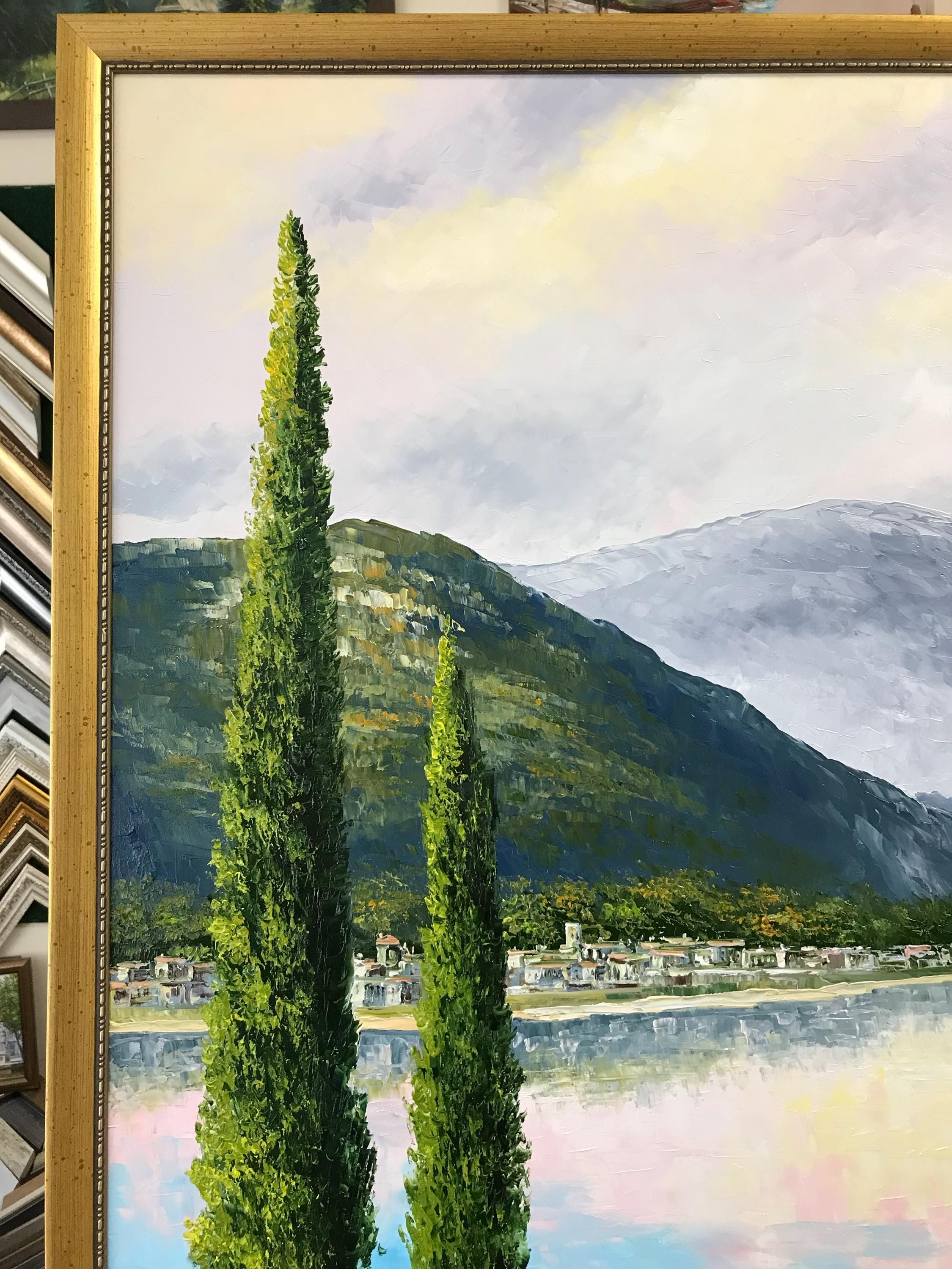 コモ湖の油絵 オリジナルイタリア風景画 キャンバス イタリアアート