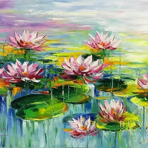 Claude Monet Painting on Canvas Water Lilies Wall Art Lotus Flower Art Water Lily Oil Painting Botanical Wall Decor Pond Painting Original
