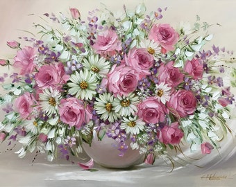 Flower Bouquet Oil Painting on Canvas, Still Life Floral Wall Art