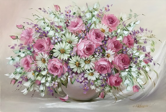 キャンバスに描かれた花束の油絵、静物画（花柄）の壁掛けアート