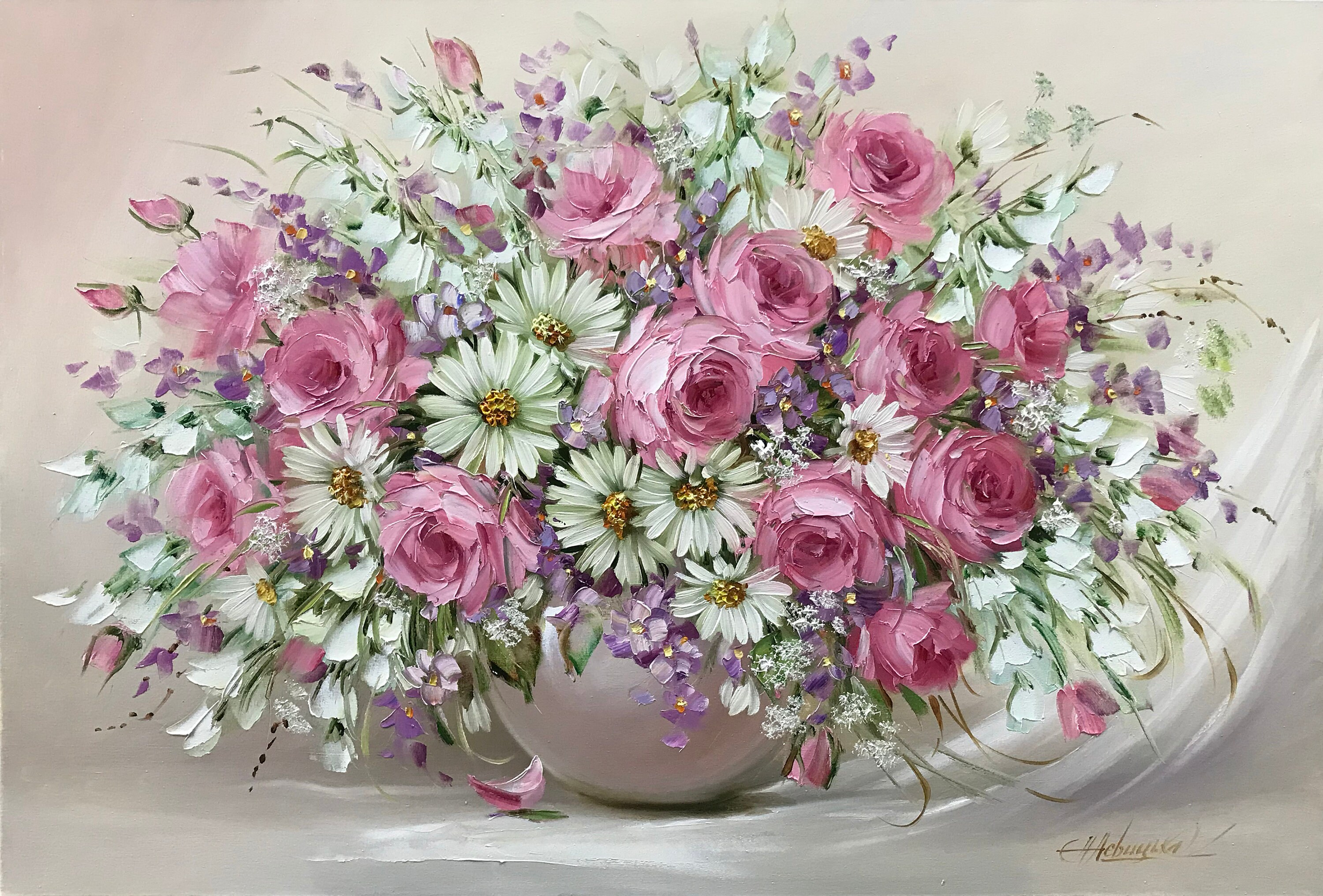 キャンバスに描かれた花束の油絵、静物画（花柄）の壁掛けアート