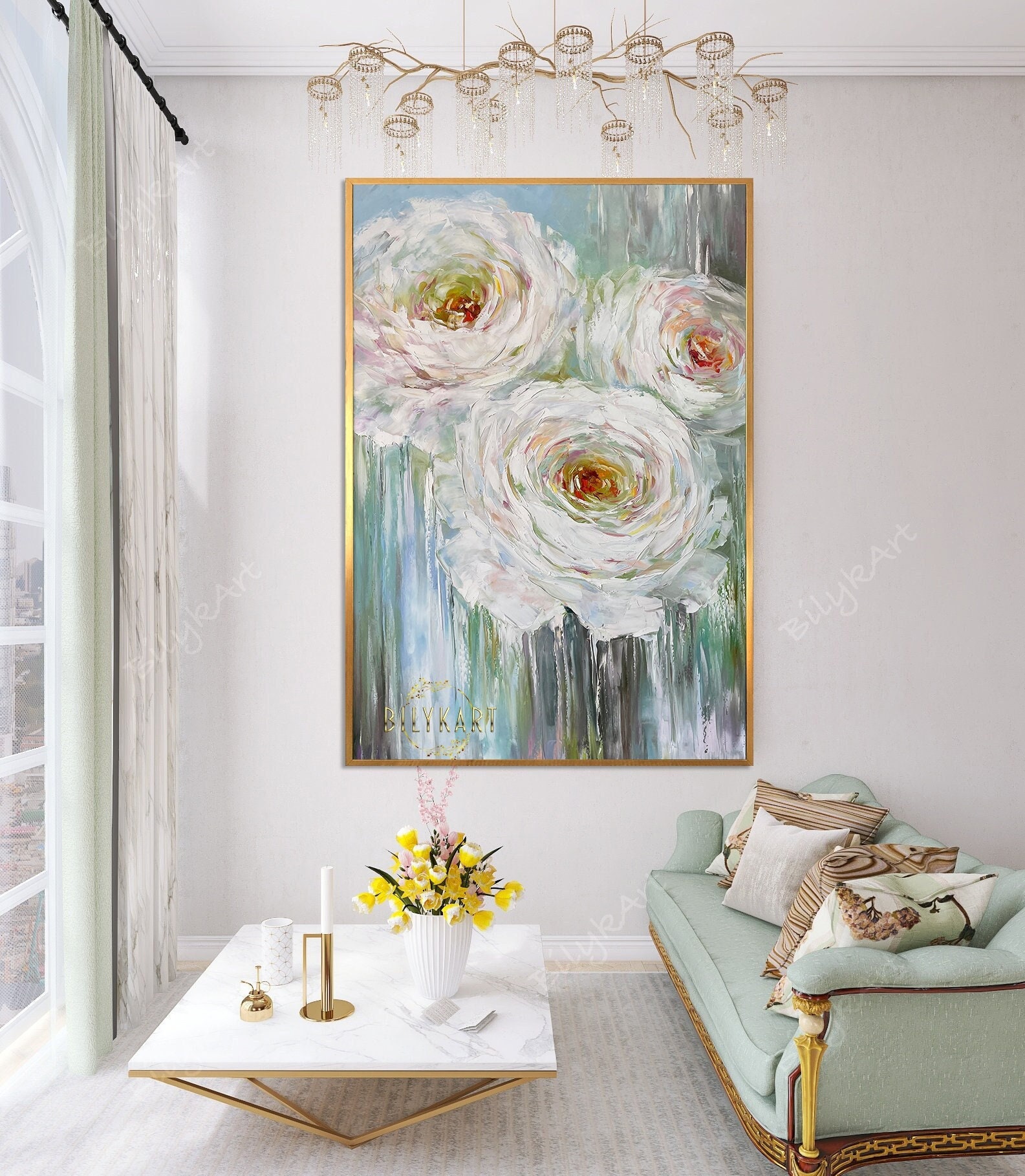 Large Flower Painting Abstract White Flowers Wall Art Etsy