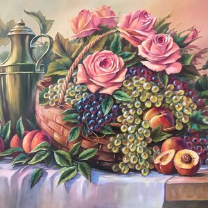 静物画 フルーツバスケット 油絵 キャンバスに描かれたオリジナルの静物画 果物と花の油絵 古典的な静物画 フルーツアート