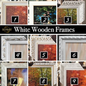 Puede incluir: Una colecci&oacute;n de nueve marcos de madera blanca numerados del uno al nueve, con diversas texturas decorativas, tallas ornamentadas y acabados lisos, dispuestos en una cuadr&iacute;cula con el texto BILYKART White Wooden Frames en la parte superior.