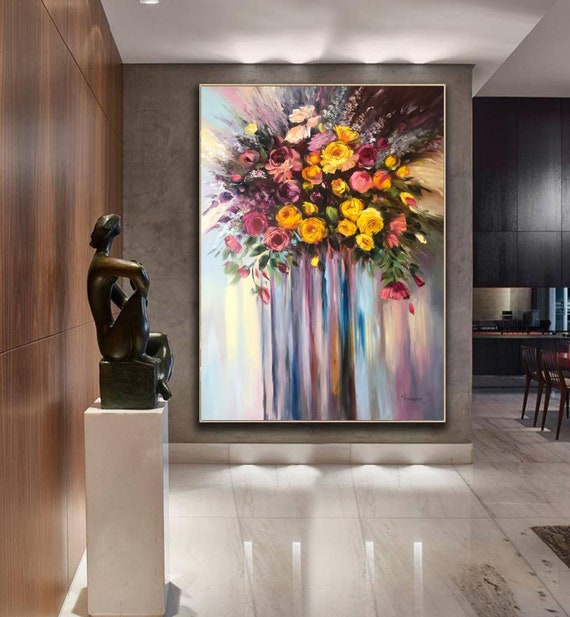 Handgemaltes Ölgemälde Auf Leinwand – Moderner Blumenstrauß In XXL (76 X 114 Cm) Für Wohnzimmer & Schlafzimmer