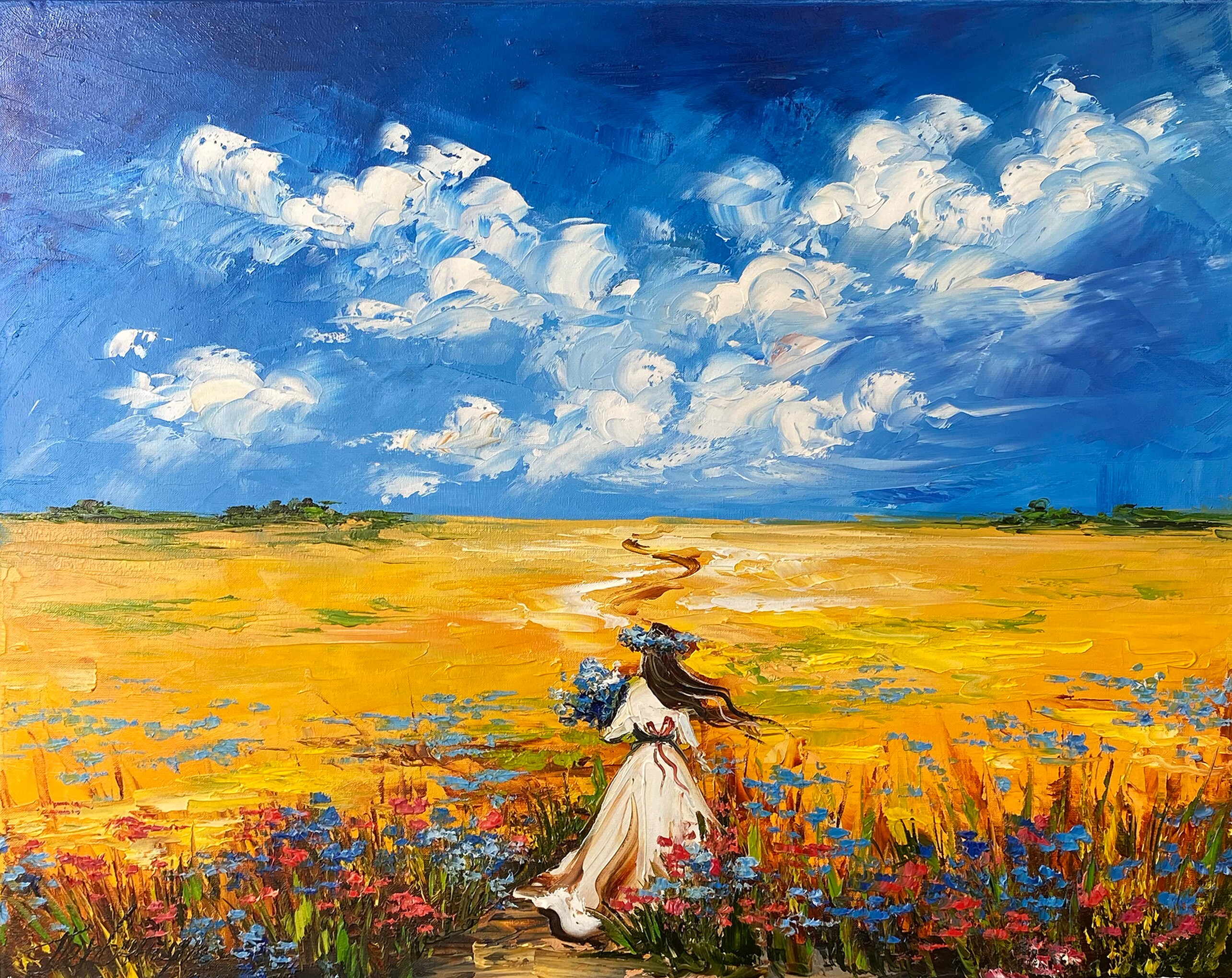 Ukrainian Landscape Oil Painting Original Girl In Flower Field Painting 