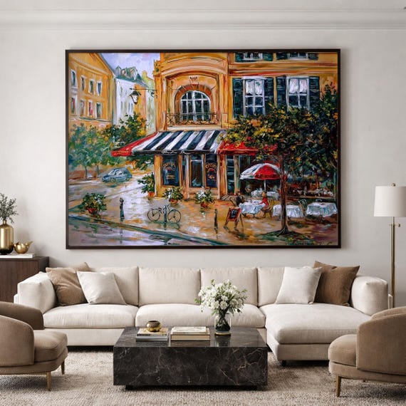 French Cafe Oil Painting Original Paris Cafe Painting Canvas