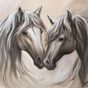 May include: An oil painting depicts two horses, their heads close together. The horses have light brown and white coats with flowing manes. The artwork is set against a neutral background, emphasizing the horses' forms and the artist's brushstrokes.