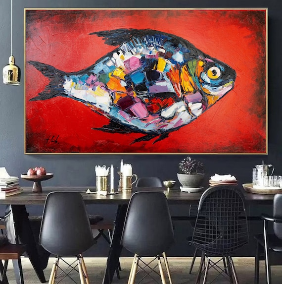 Large Abstract Oil Painting Original Red Fish Wall Art - Etsy