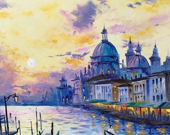 ヴェネツィア大運河の油絵 イタリア：ヴェネツィアのゴンドラの夕日の