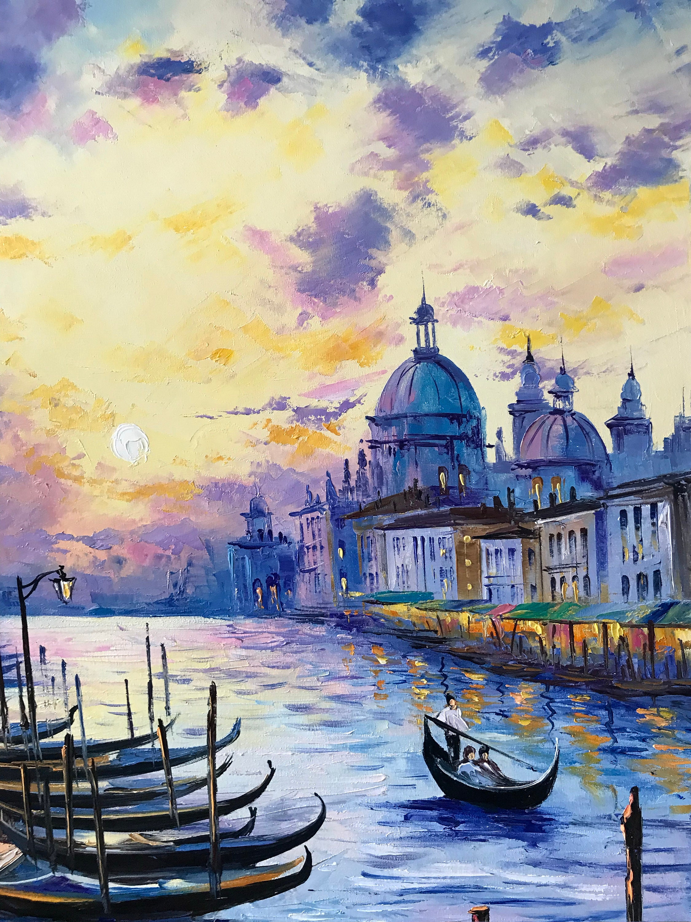 ヴェネツィア大運河の油絵 イタリア：ヴェネツィアのゴンドラの夕日の