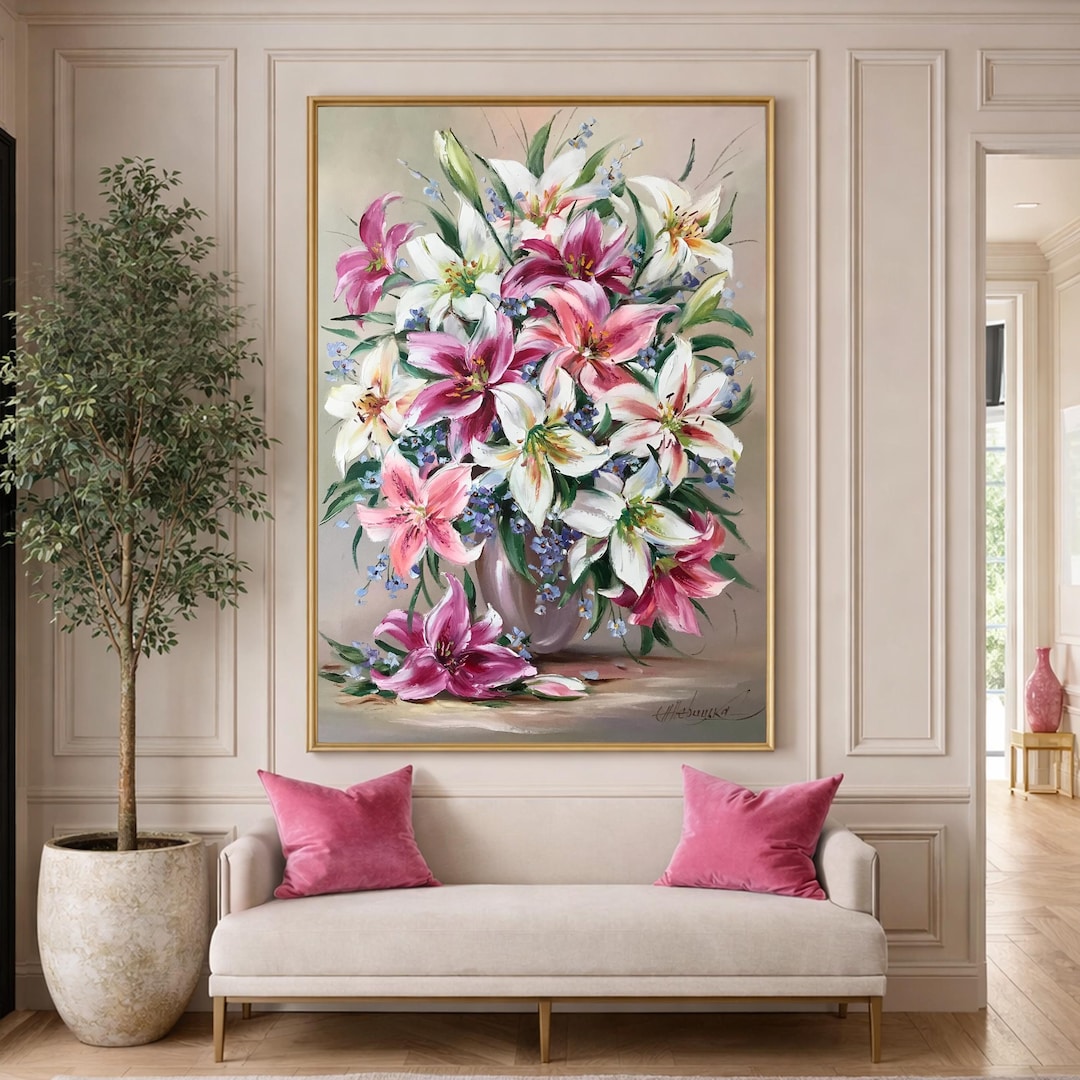 スターゲイザーリリー油絵 オリジナル 白いユリの壁掛けアート 花柄の