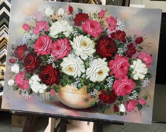花瓶に入ったバラの花束の油絵：静物画の花のアートワーク - Etsy 日本