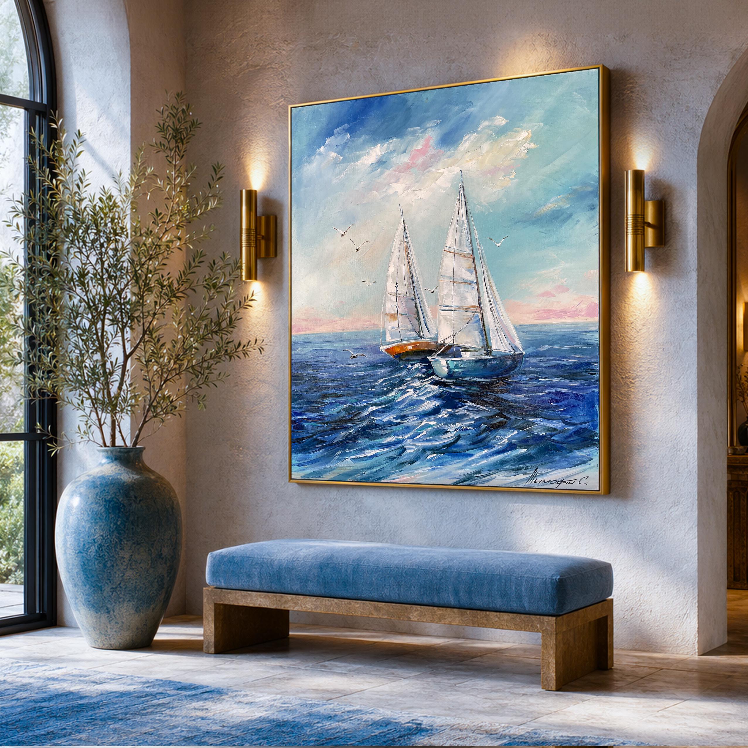 特大帆船のキャンバス油絵：特大の青い海景ウォールアート - Etsy 日本