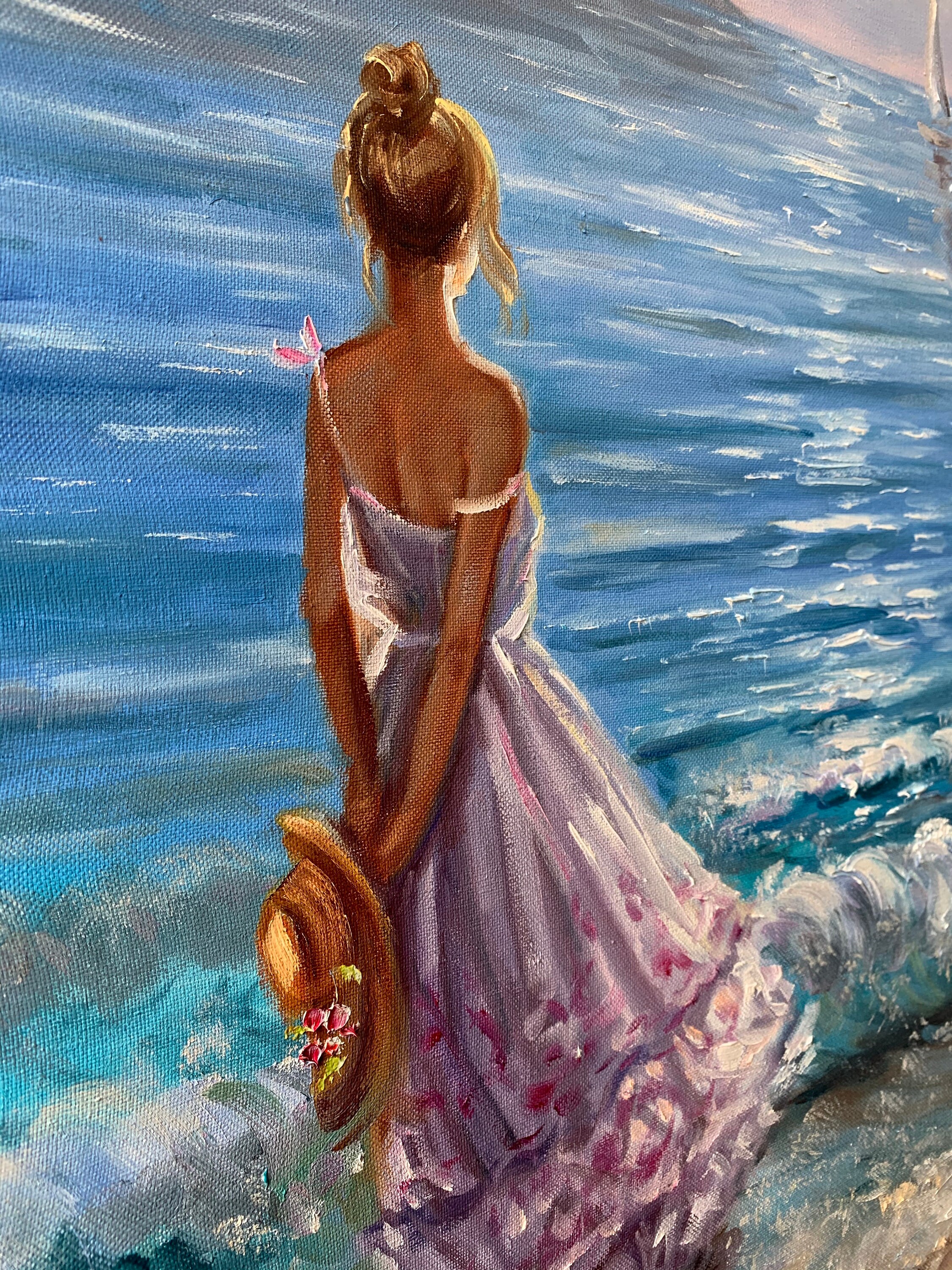 ビーチガール油絵 海辺の女性 ウォールアート 彼女への