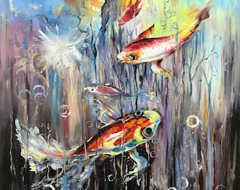水中花と金魚•デンドロビウム　アクリル画　絵　絵画　呼吸 寒い季節こそ心華やかに！艶やかな”花と金魚”の共演。冬の「アート 絵画