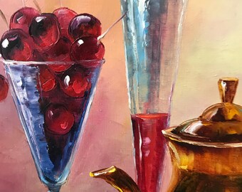 静物画「朝食」油絵、額入りキッチンウォールアート、フルーツと紅茶の