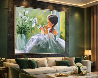 花を持つ少女の油絵、デイジーを持つバレエ少女の窓辺の壁画、風景画