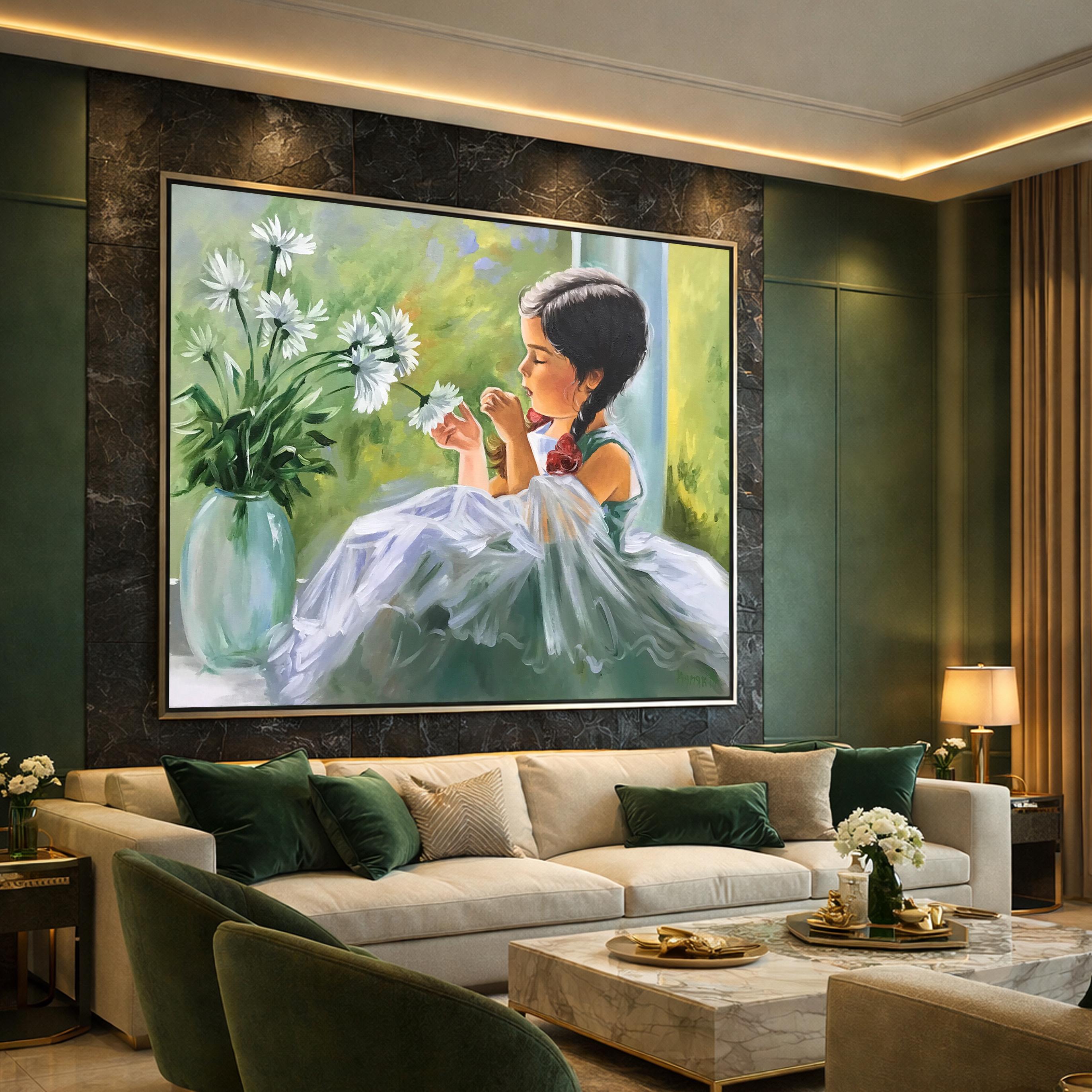 花を持つ少女の油絵、デイジーを持つバレエ少女の窓辺の壁画、風景画