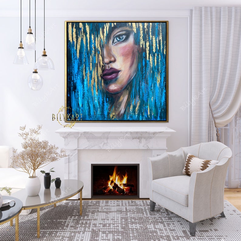 Abstract Woman Face Oil Painting, Modern Blue Gold Wall Art, (70x70cm ...