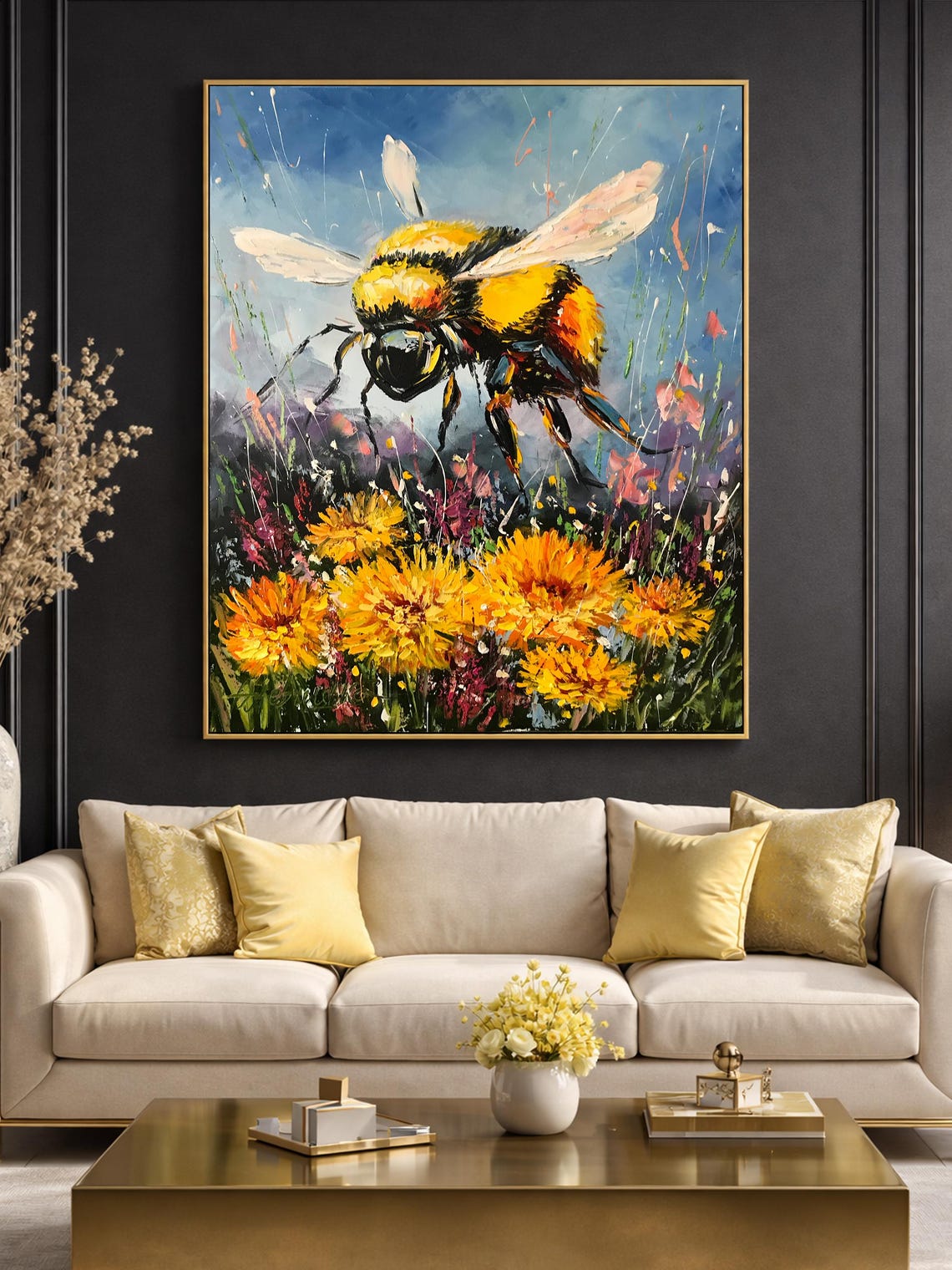 Original Bumble Bee Oil Painting, Blue and Yellow Insect Wall Art - Etsy