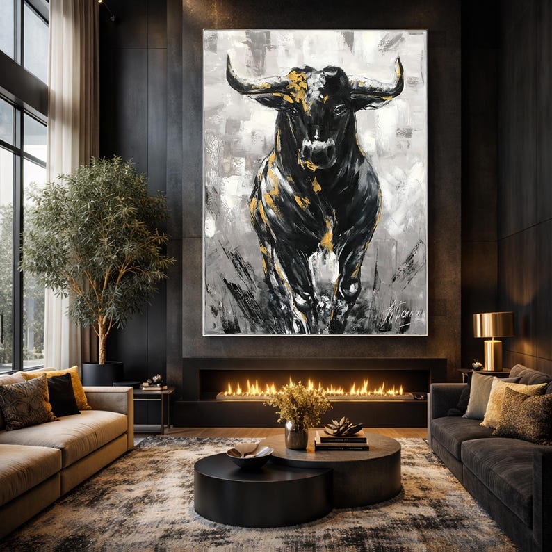 Large Abstract Bull Oil Painting Original Wall Street Bull Wall Art ...