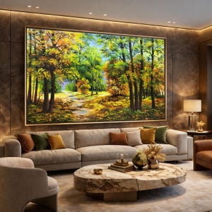 May include: A large framed landscape painting depicts a forest scene with a path. The artwork features trees with green, yellow, and orange foliage. The painting hangs above a beige sectional sofa with colorful throw pillows.