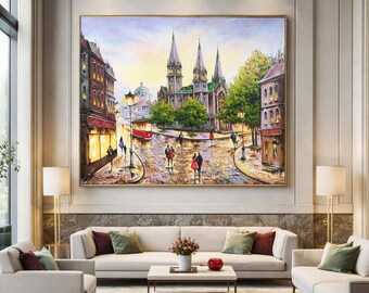 大きな都市風景の油絵、オリジナルのヨーロッパの都市の壁画