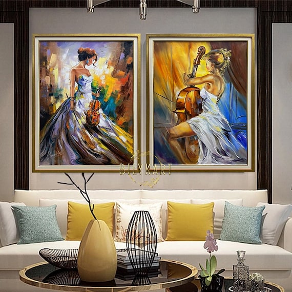 Set of 2 Painting Abstract Woman Wall Art Large Musician Paintings