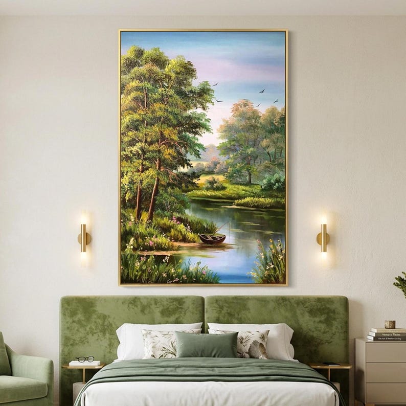 Original Landscape Oil Painting on Canvas Living Room Wall Art Green Forest Artwork River Panorama Wall Art Countryside Nature Oil Painting image 2