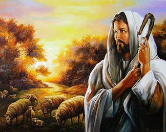 Pintura original del Buen Pastor, Jesús con ovejas, obra de arte de inspiración religiosa.