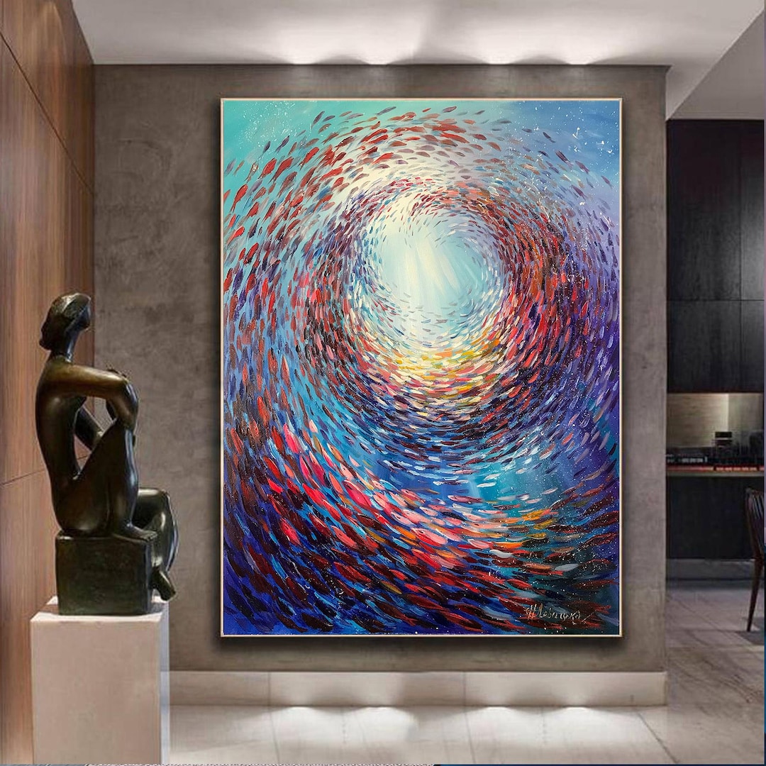 大きな魚の群れの油絵、手描きの水中アート、鮮やかな魚のアート、水中