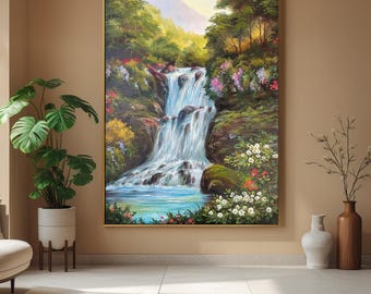 トロピカルな滝のオリジナルキャンバス絵画 風景画 壁アート 100